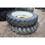 Pair of Firestone 320/85R38 row crop wheels and tyres. With bolt in 10-stud John Deere centres. V