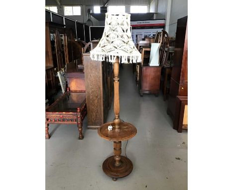 Oak standard lamp and an Edwardian style ebonised side table with drawer, lamp height 180cm, side table H70cm W72cm D34cm