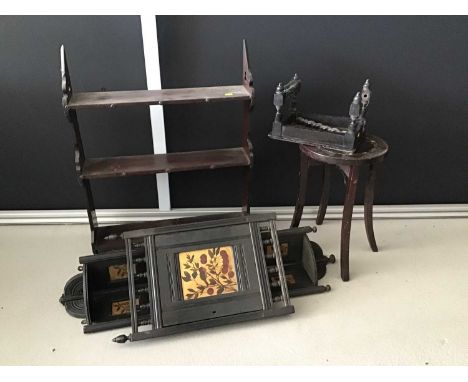 Victorian ebonised and gilt hanging corner unit together with another shelf and two stools 