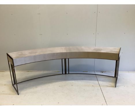 A Decca Furniture curved sofa console table in faux shagreen, 215cm, depth 40cm, height 66cm