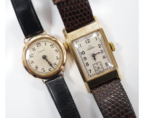 A lady's 1930's 9ct gold Omega manual wind wrist watch, on a later leather strap and a lady's 9ct gold Bebe wrist watch.
