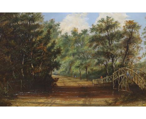 William Phillip Barnes Freeman (1813-1897), oil on board, 'Costessey Bridge', unsigned details verso, ornate gilt frame, 19 x