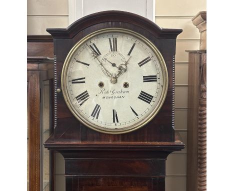 An early 19th century Irish mahogany eight day longcase clock, circular painted dial marked Robert Graham of Monaghan, height