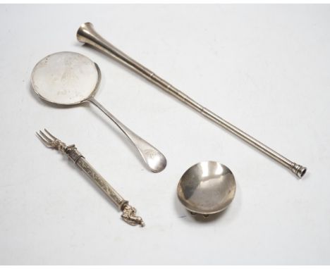 A George V silver biscuit server, a Dutch white metal combination fork and spoon and a late Victorian silver hunting horn, by