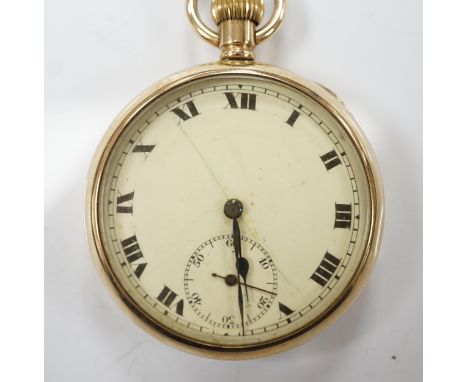 A George V 9ct gold open face keyless pocket watch, with Roman dial, subsidiary second and metal inner case, case diameter 48