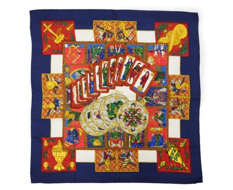 A Hermès Le Tarot silk scarf designed by Annie Faivre in 1991, blue, red, multi colours, with original box, 90cm x 90cm