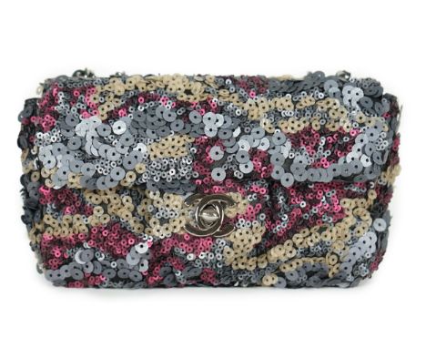 ** ** A Chanel 2012 Classique sequined mini shoulder bag, grey/beige/burgundy leather sequined bag, featuring sequin embellis