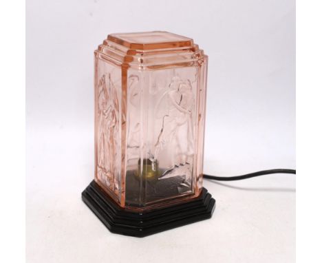 An Art Deco style moulded glass lamp, 22cm Shade with one small crack to the underside of two sides, not easily seen; black g