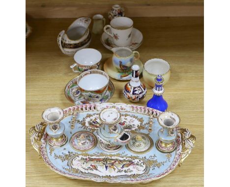 An English porcelain desk stand, c.1825, together with other porcelain including Locke &amp; Co, Worcester saucer, jug and bo