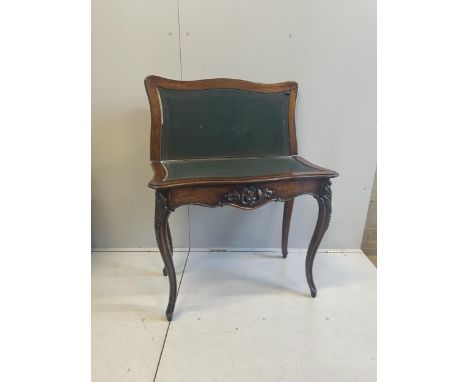 A Victorian burr walnut serpentine folding card table, width 84cm, depth 42cm, height 73cm