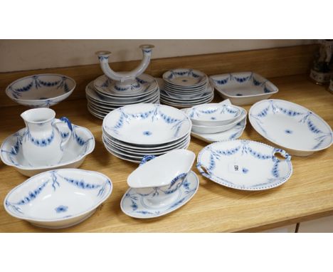 A Bing and Grondahl, Denmark blue and white ‘Empire’ pattern dinner service, thirty-eight pieces including; a cake, stand, ca