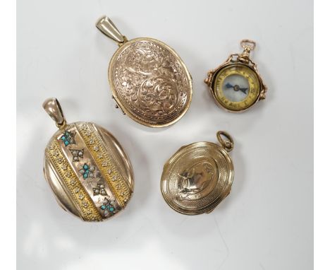 Three assorted early 20th century and later engraved yellow metal overlaid oval lockets including turquoise set, largest 33mm