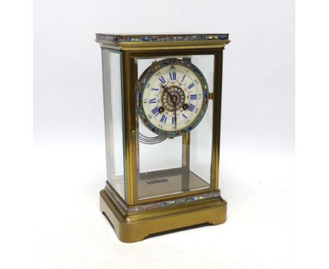 A late 19th century French brass and champleve enamel four glass mantel clock, 29cm