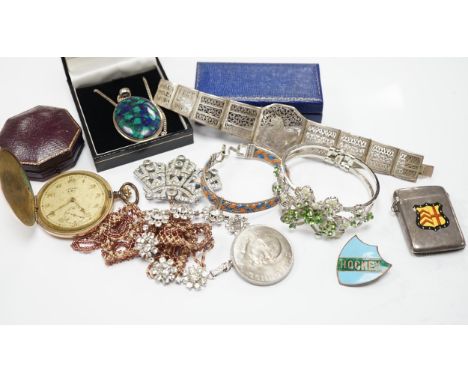 A small quantity of assorted costume jewellery, gold plated pocket watch, silver vesta case, etc.