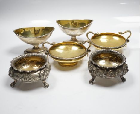 A pair of George V silver gilt shallow pedestal salts, with twin serpent handles, William Hutton &amp; Sons, Ltd, Sheffield, 