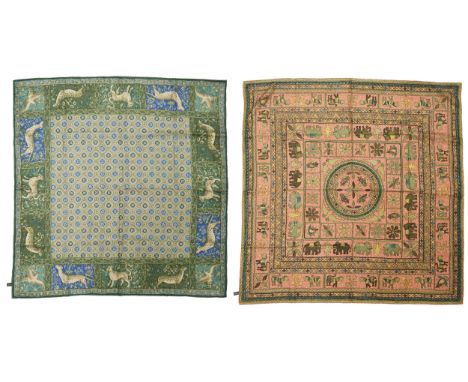 Two Holland and Holland animal print silk scarves, one with green, cream and blue tones, the other pinks, greens and blue ton