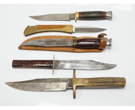 Two antler-handled hunting knives and three other knives Antler-handled knives some corrosion to blades; Mitchell of Sheffiel