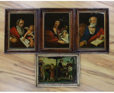 Four late 18th century reverse glass painted prints, including St Matthew, St John, St Mark and one other, 34 x 24cm