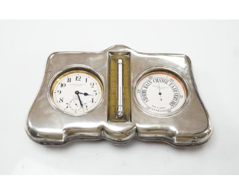 An Edwardian silver mounted leather clock/barometer desk stand, containing a pocket watch, retailed by Mappin &amp; Webb, a s