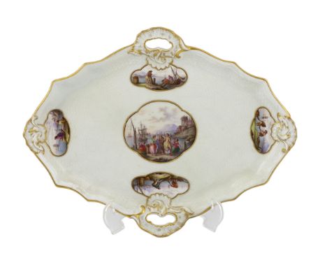 A Meissen porcelain lozenge shaped tray, 19th century, painted with figures in seascapes, ozier moulded ground, underglaze bl