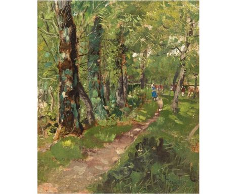 Hagen, Theodor Joseph (1842 Düsseldorf-1919 Weimar) "Baumallee, im Hintergrund Bäuerin mit Kühen", Öl/H., sign., 30x25 cm, Ra