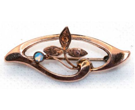 Jugendstilbrosche um 1900, wohl Golddouble, echter Opal, Maße ca. 3,7 x 1,6 cm