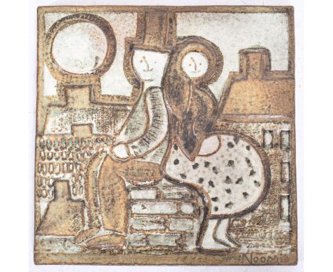 Noomi Backhausen (1938–2011) - Road Relief - A Danish stoneware wall hanging. The studio pottery tile depicting a a couple si