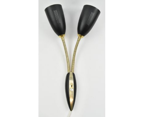 A Swedish vintage mid 20th century circa 1970s black &amp; brassed metal twin gooseneck wall light sconce. The lamp having tw