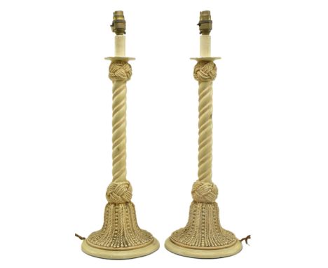 A pair of vintage mid century plaster nautical bedside table lamps. Each lamp deaturing knotted rope design with barlet twist