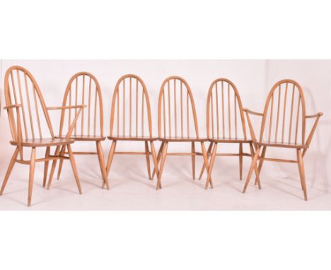 Ercol Furniture - Quaker Range - a set of six beech &amp; elm spindle hoop back dining chairs. Each chair having a tall hoop 