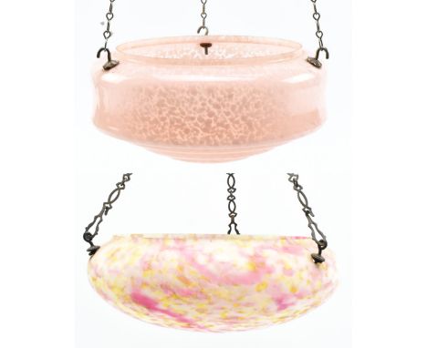 Two Art Deco early 20th century circa 1930s mottled glass flycatcher ceiling pendant light shades. The lot to include a taper