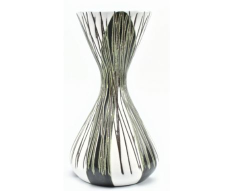 Mari Simmulson - a retro 20th century Swedish studio art ceramic vase. The vase in two-tone black and white of hour glass for