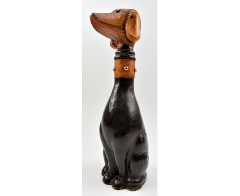 An Italian vintage mid 20th century circa 1950s leather bound glass dachshund Empoli decanter bottle. The decanter having a d