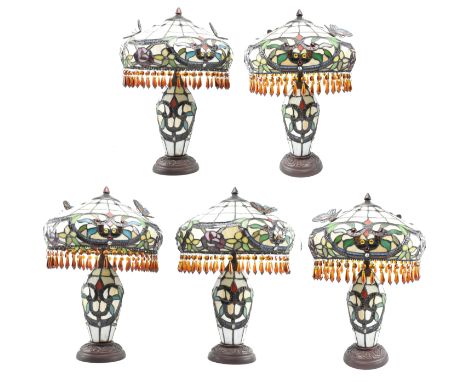 Five vintage mid century leaded desk / bedside lamps / lights with butterfly decor in the manner of Tiffany. Each lamp light 