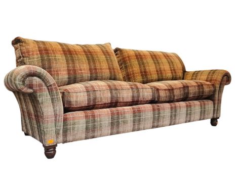 Mulberry - a large British Modern Design bespoke made tartan upholstered six seater sofa. The sofa having a cushioned backres