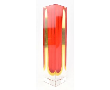 A vintage mid century 1970s Murano Sommerso art glass centrepiece block vase. The vase of squared form in cased red &amp; yel
