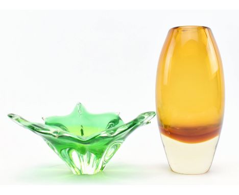 Two vintage mid century decorative studio art glass centrepieces in the style of Murano. The lot comprising a cased amber gla