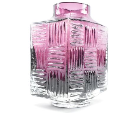 Geoffrey Baxter for Whitefriars - Stitched Cube in Aubergine - a vintage mid century 1970s Textured Range glass vase in auber