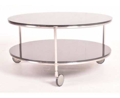 Ehlen Johannson for Ikea - Strind - a vintage 1990s smoked glass &amp; chrome framed circular coffee table. The two tier side