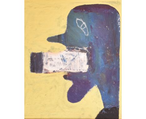 Untitled - a vintage late 20th century abstract mixed media painting of a man smoking a cigarette. The painting on textured y
