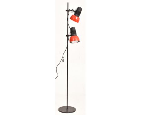 A vintage mid 20th century circa 1970s red &amp; black metal twin spot floor standard lamp light. The lamp having two red adj