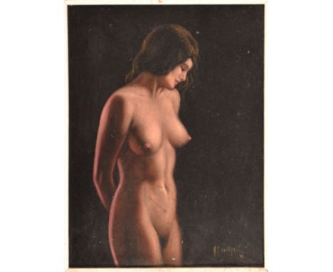 A 20th century continental school portrait of a female nude velvet fabric painting. The artwork featuring a nude female looki