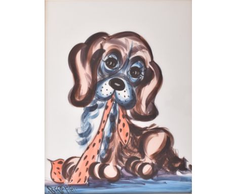 Beccafichi (20th Century School) - an inverted glass painting of dog playing with ribbon. Signed lower left. Framed. Measures
