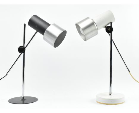 Prova - a near pair of retro 1970s table desk lamp lights. Each lamp having barrel shades finished with brushed aluminium rim
