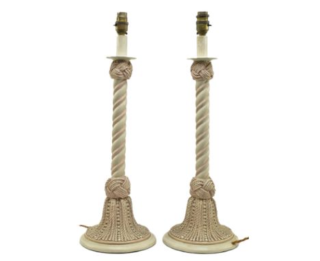 A pair of vintage mid century plaster nautical bedside table lamps. Each lamp in cream &amp; light pink colourway featuring k