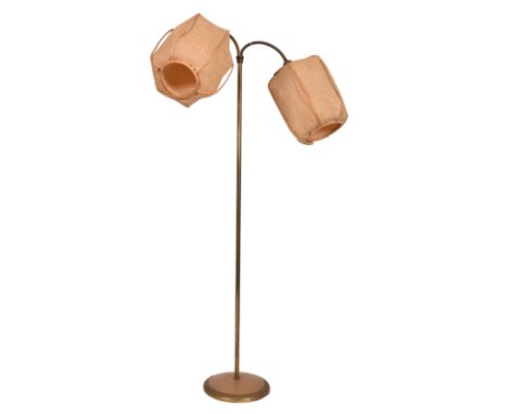 A retro 1970s Boho floorstanding / standard lamp light. The lamp having twin gooseneck brass arms supporting barrel Boho shad