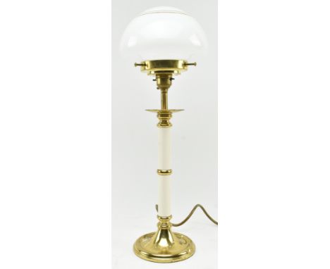 An Art Deco inspired 20th century gilt metal &amp; glass desk table lamp light. The lamp having a mushroom shaped white glass