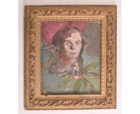 A vintage 20th century oil canvas portrait painting set within a gilt frame. The painting depicts a young lady with later ove