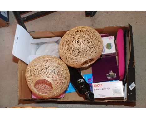A quantity of miscellanea including scales, water bottle, voltage tester, wakeup light, pad cover etc