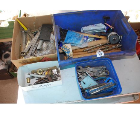 Boxes of tools, spanners, fishing reel etc